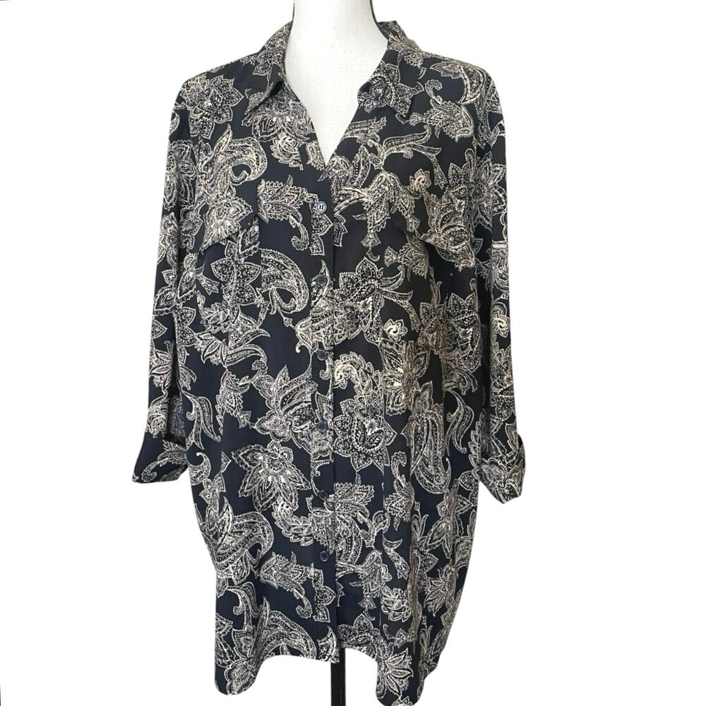 Catherines Womens Tunic Top 2X Black Tan Paisley Button Up Roll Tab Sleeve